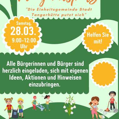 Flyer zur Aktion "Die Einheitsgemeinde Stadt Tangerhütte putzt sich" mit Orts- und Zeitangabe, sowie Kontaktdaten